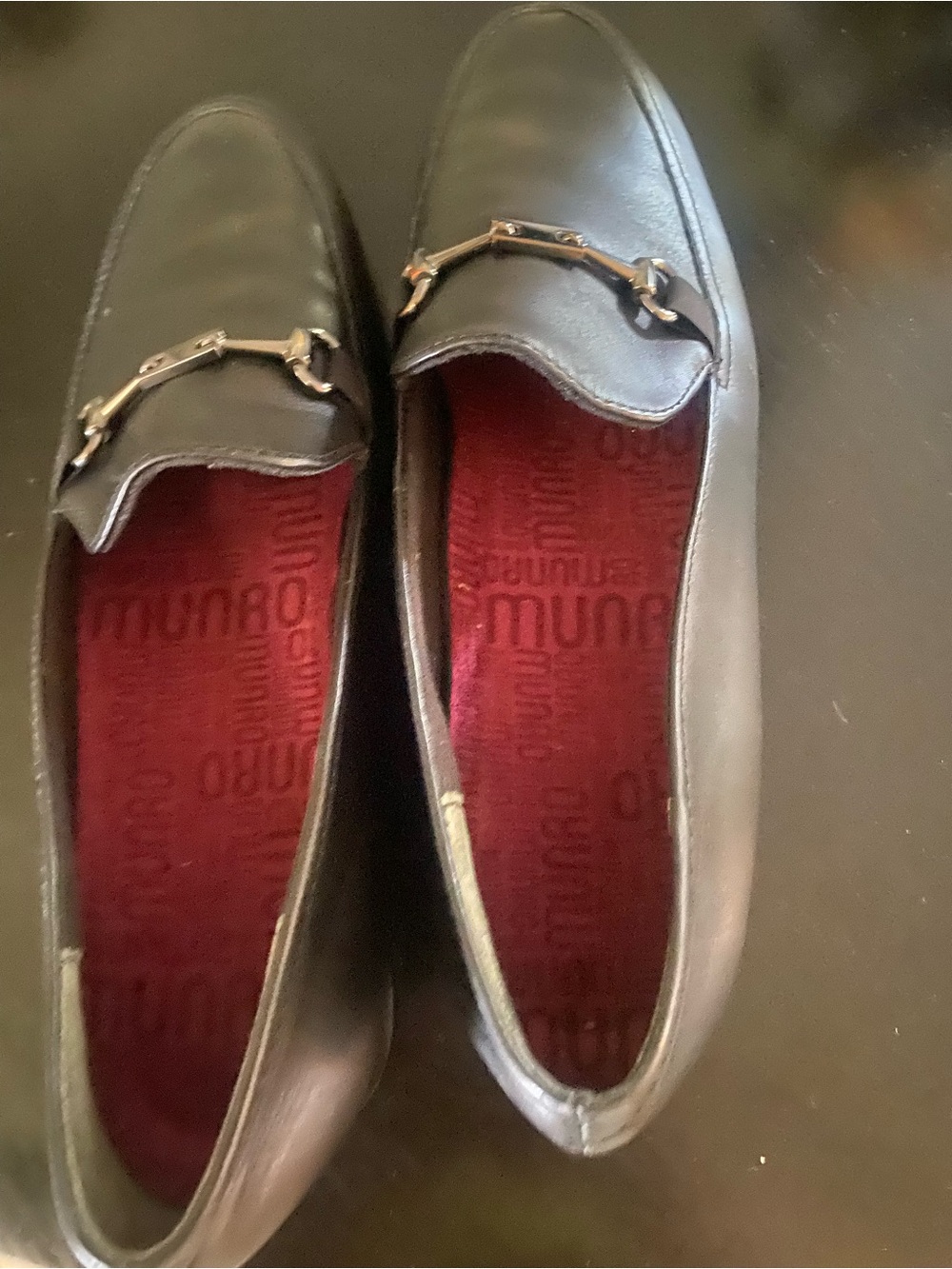 Munro Black Leather Loafers with Gold Tone Bit
